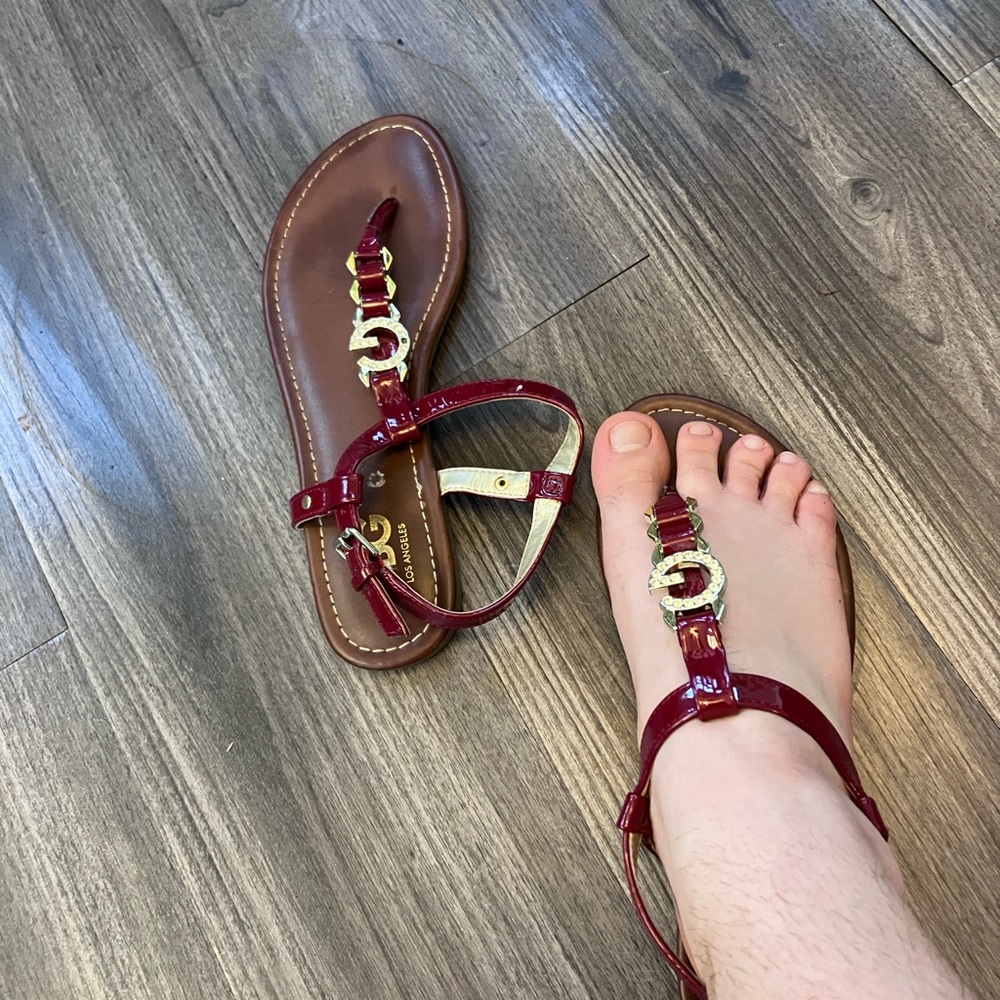 Elegant Red Sandals with Gold Accents